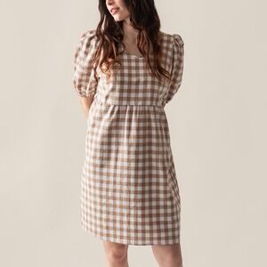 Gingham Puff-Sleeve Mini Dress - Beige & White